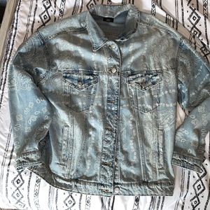 Oversized denim jacket with paisley design